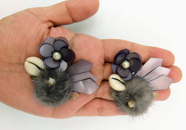 Hand Embroidered Metallic Grey Applique With Cowrie Shell, Sequins,Pearl and Feather Pom Pom